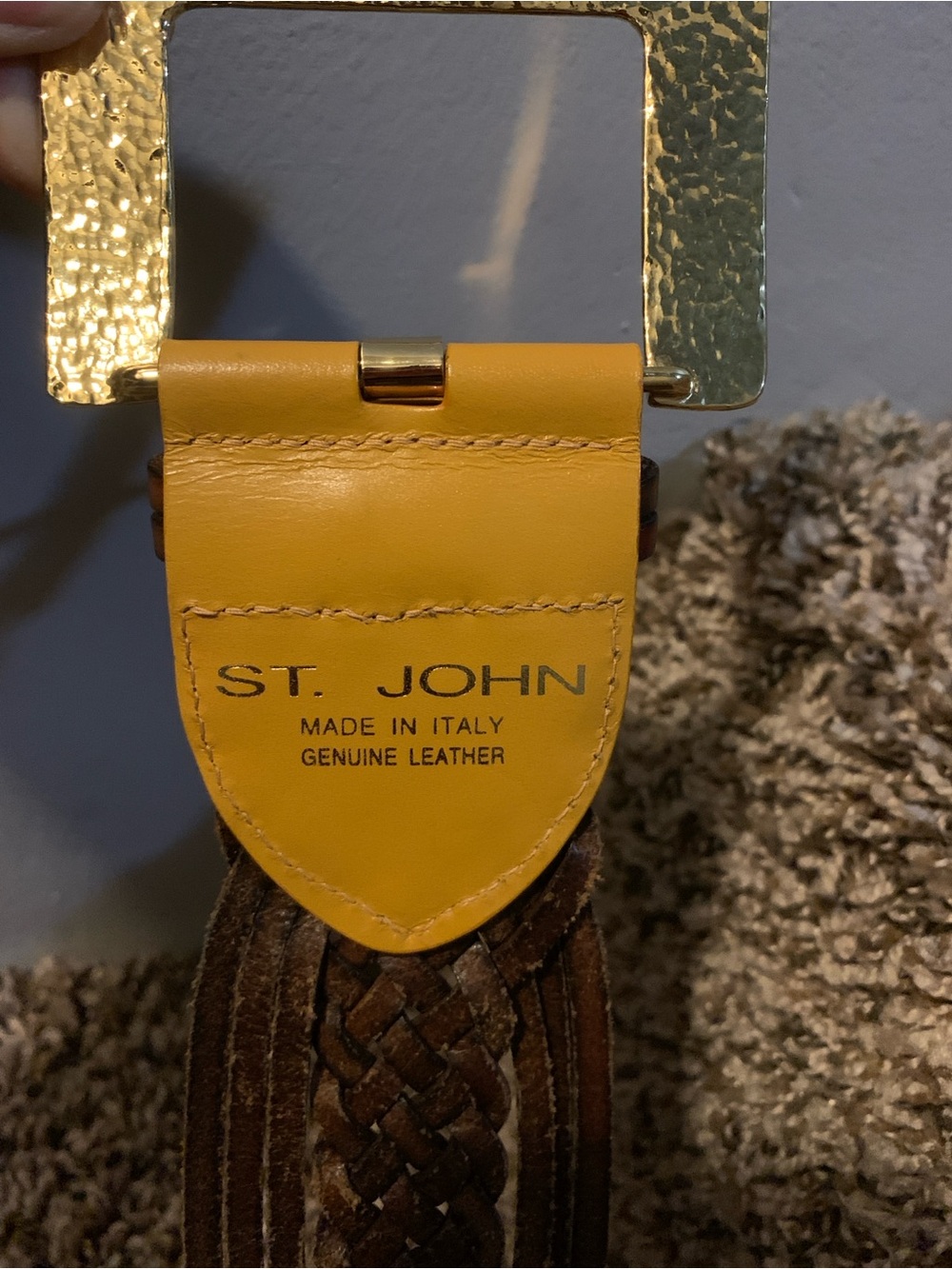 St. John Yellow Leather Tab Belt with Braided Brown Strap and Gold Buckle - Picture 4 of 7